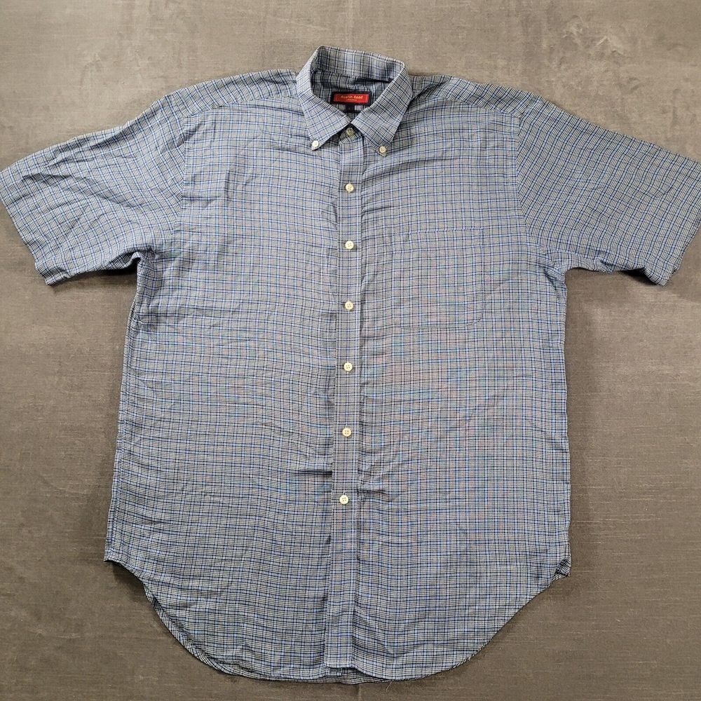 Austin Reed London Vintage Short Sleeve Plaid‎ Button Up Shirt Blue Gray Sz Lg